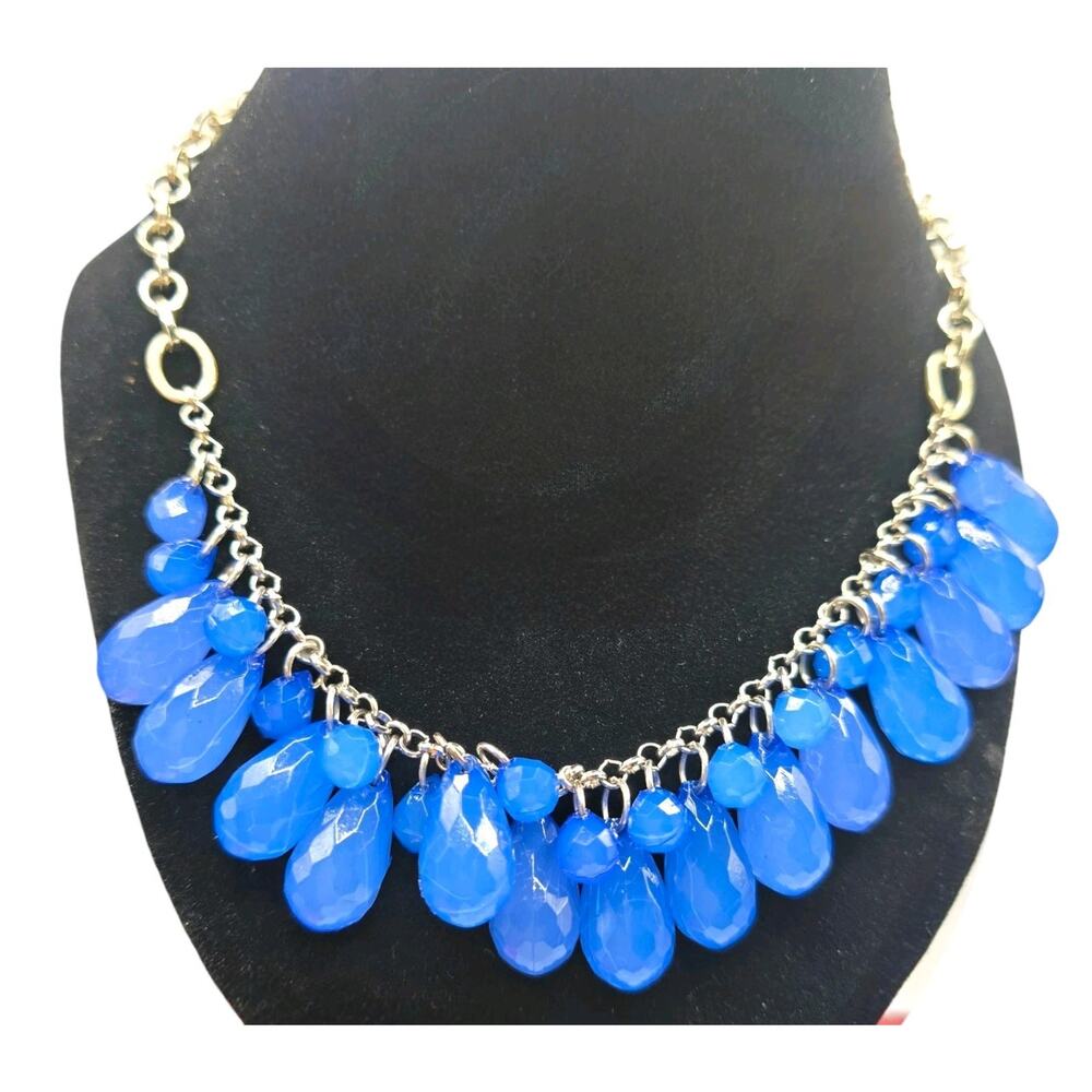 Necklace Blue Teardrop Briolette Shaped Faceted Acrylic Beads 16" Adjustable